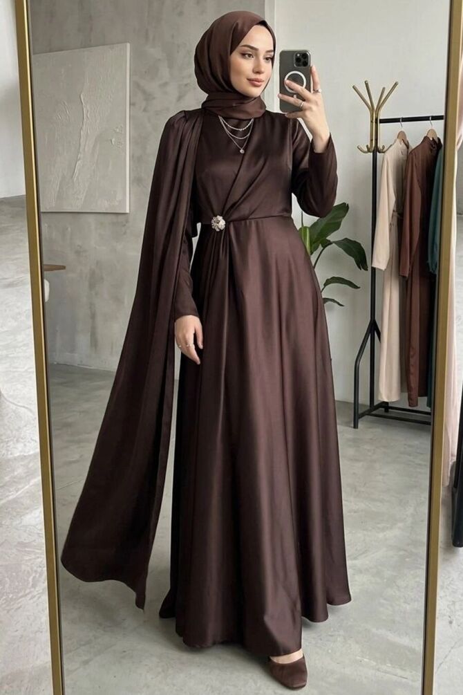 Modest Evening Dress - Pelerin Detailed Brown Modest Satin Evening Dress 4884KH - 1