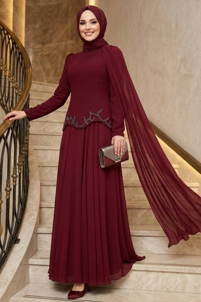 Modest Evening Dress - Pelerin Detailed Burgundy Modest Evening Dress 56081BR - 1