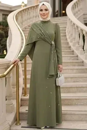 Modest Evening Dress - Pelerin Detailed Khaki Modest Evening Dress 56101HK 