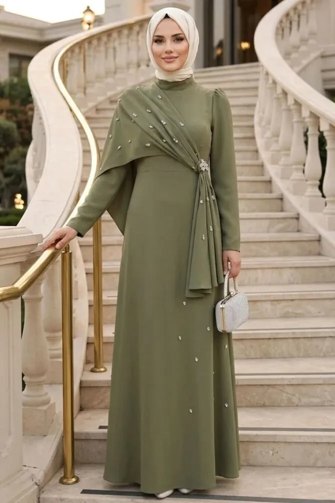 Modest Evening Dress - Pelerin Detailed Khaki Modest Evening Dress 56101HK - 1