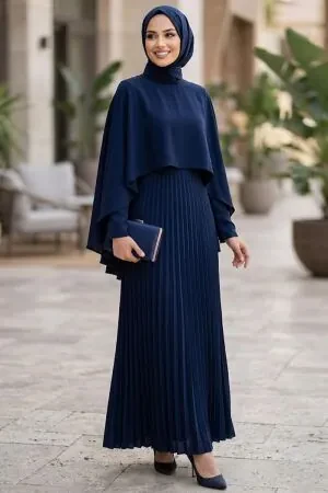 Modest Evening Dress - Pelerin Detailed Navy Blue Modest Evening Dress 54751L 
