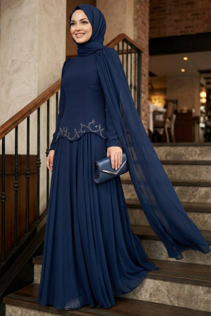 Modest Evening Dress - Pelerin Detailed Navy Blue Modest Evening Dress 56081L 