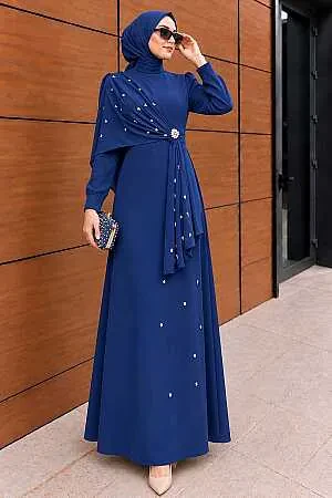 Modest Evening Dress - Pelerin Detailed Navy Blue Modest Evening Dress 56101L 