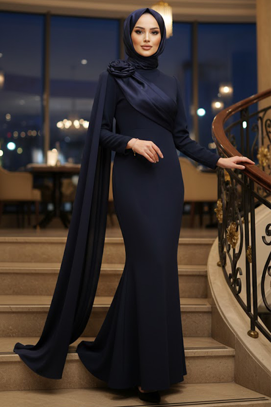 Modest Evening Dress - Pelerin Detailed Navy Blue Modest Evening