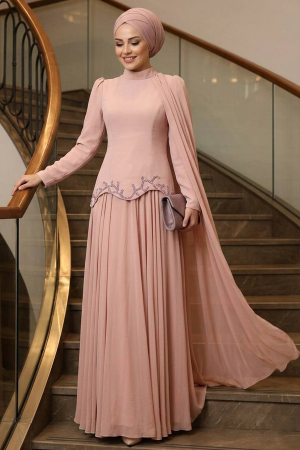 Modest Evening Dress - Pelerin Detailed Salmon Modest Evening Dress 56081SMN 