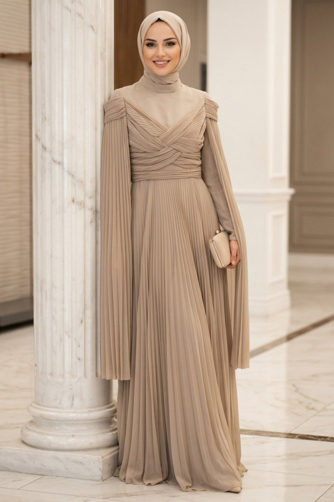 Modest Evening Dress - Pelerinli and Drapeli Koyu Beige Modest Tulle Evening Dress 80189KBEJ - 1