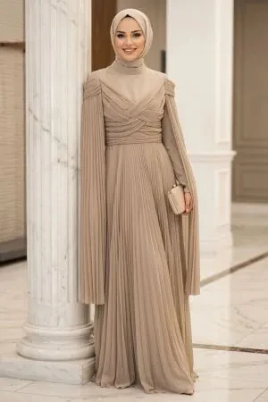 Modest Evening Dress - Pelerinli and Drapeli Koyu Beige Modest Tulle Evening Dress 80189KBEJ - 1