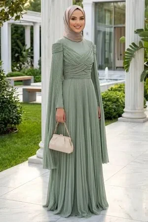 Modest Evening Dress - Pelerinli and Drapeli Koyu Mint Modest Tulle Evening Dress 80189KMINT 