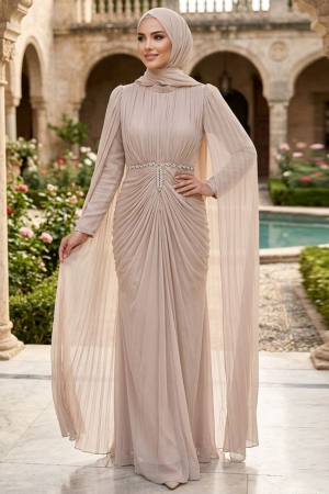 Modest Evening Dress - Pelerinli and Stone Embroidered Beige Shimmering Modest Evening Dress 80221BEJ 