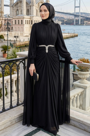 Modest Evening Dress - Pelerinli and Stone Embroidered Black Shimmering Modest Evening Dress 80221S 