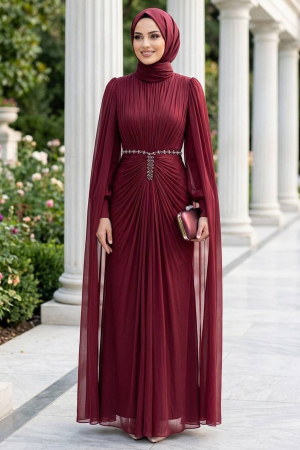 Modest Evening Dress - Pelerinli and Stone Embroidered Burgundy Shimmering Modest Evening Dress 80221BR 