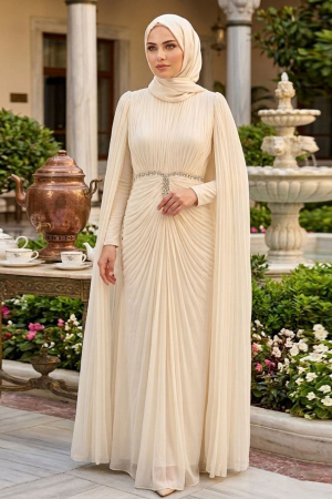 Modest Evening Dress - Pelerinli and Stone Embroidered Cream Shimmering Modest Evening Dress 80221KR 