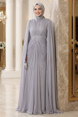 Modest Evening Dress - Pelerinli and Stone Embroidered Gray Shimmering Modest Evening Dress 80221GR 