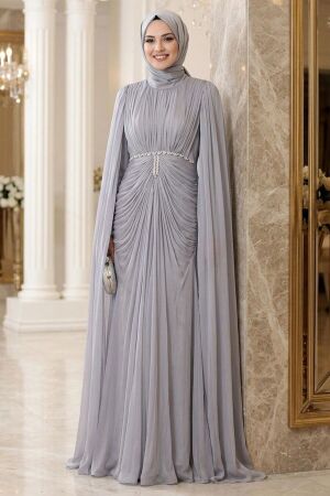 Modest Evening Dress - Pelerinli and Stone Embroidered Gray Shimmering Modest Evening Dress 80221GR 