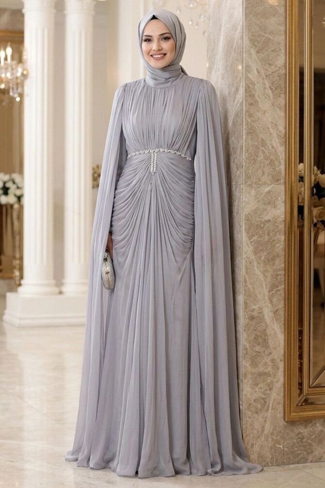 Modest Evening Dress - Pelerinli and Stone Embroidered Gray Shimmering Modest Evening Dress 80221GR - 1
