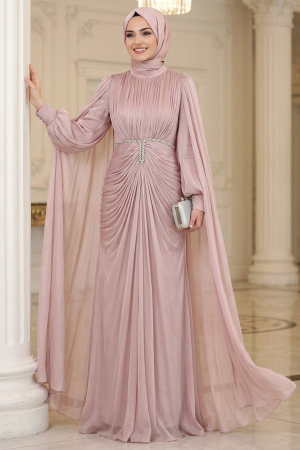 Modest Evening Dress - Pelerinli and Stone Embroidered Powder Pink Shimmering Modest Evening Dress 80221PD 