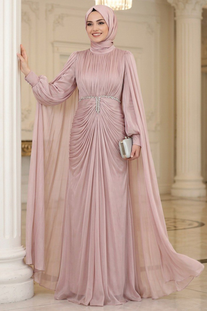 Modest Evening Dress - Pelerinli and Stone Embroidered Powder Pink Shimmering Modest Evening Dress 80221PD - 1