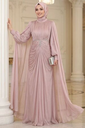 Modest Evening Dress - Pelerinli and Stone Embroidered Powder Pink Shimmering Modest Evening Dress 80221PD 