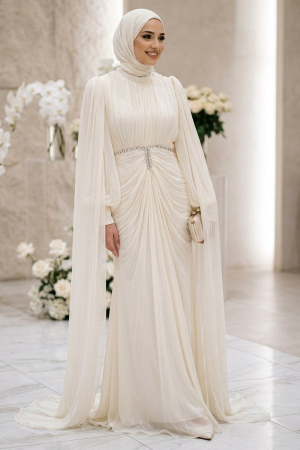 Modest Evening Dress - Pelerinli and Stone Embroidered White Shimmering Modest Evening Dress 80221B - 1
