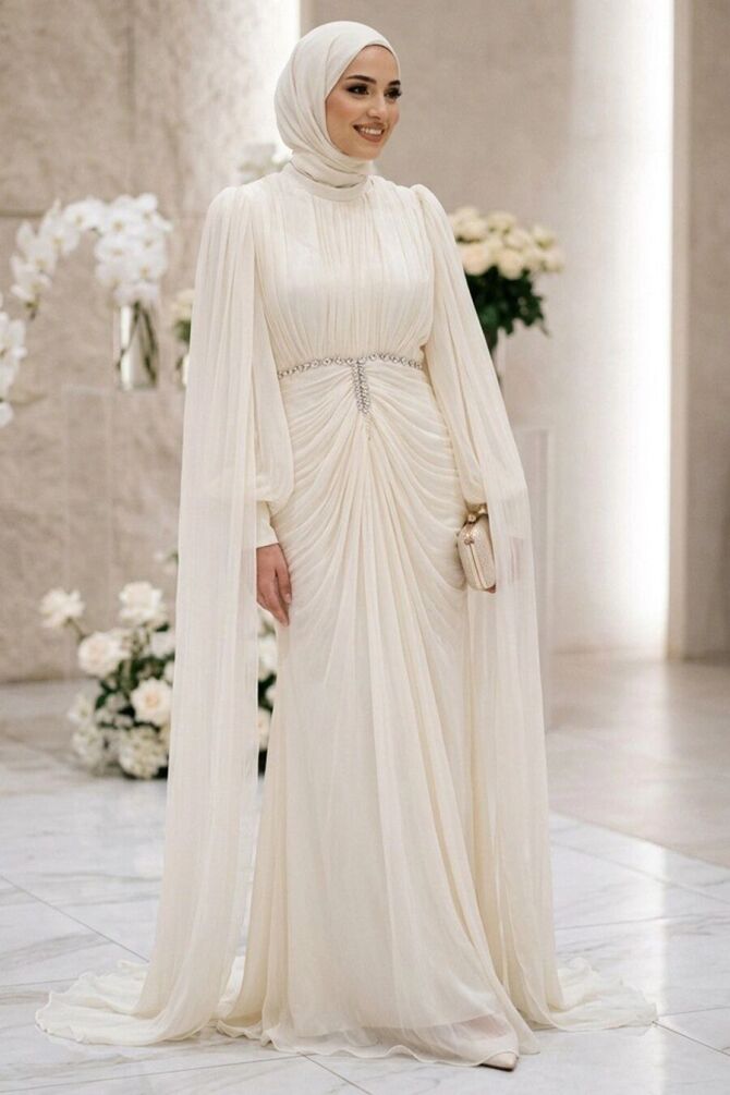 Modest Evening Dress - Pelerinli and Stone Embroidered White Shimmering Modest Evening Dress 80221B - 1