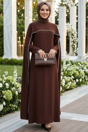 Modest Evening Dress - Pelerinli Brown Modest Evening Dress 55481KH 