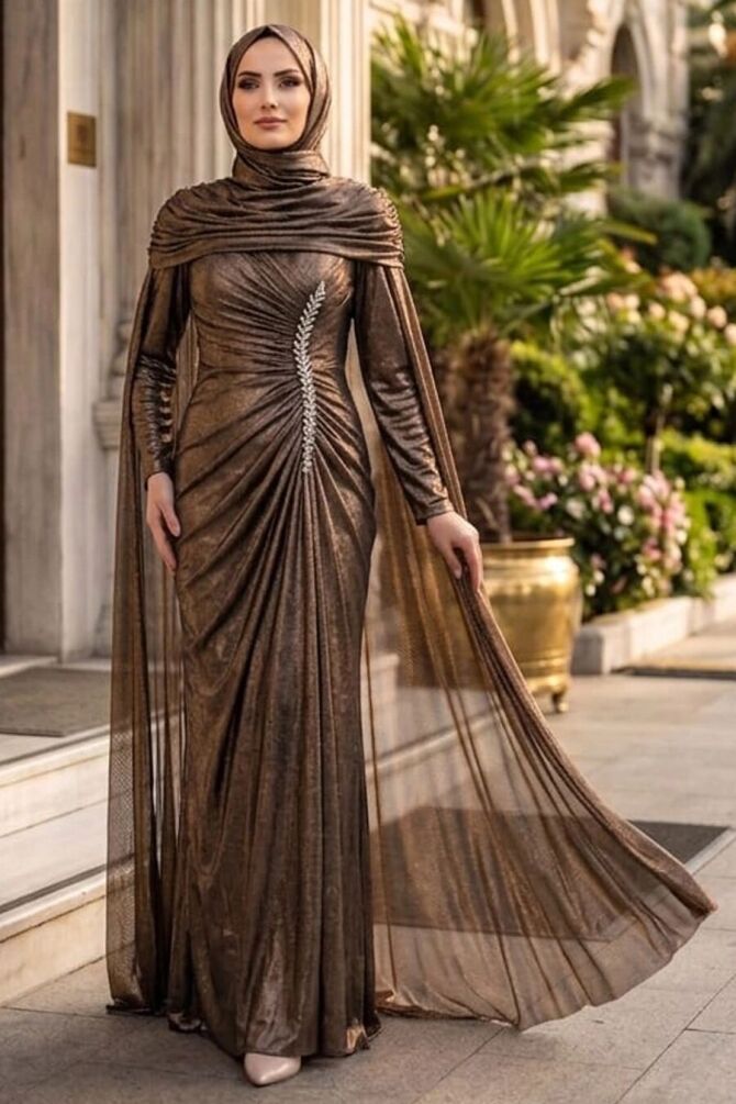 Modest Evening Dress - Pelerinli Gold Modest Evening Dress 56501GOLD - 1