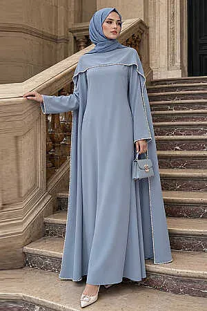 Modest Evening Dress - Pelerinli Gray Modest Evening Dress 55481GR 