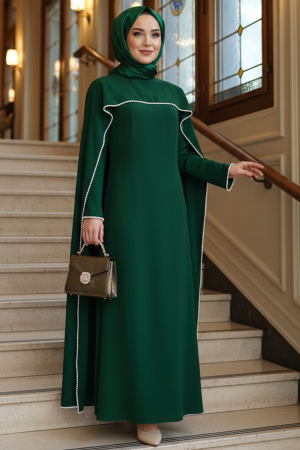 Modest Evening Dress - Pelerinli Green Modest Evening Dress 55481Y 