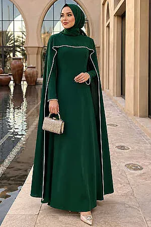 Modest Evening Dress - Pelerinli Green Modest Evening Dress 55481Y 