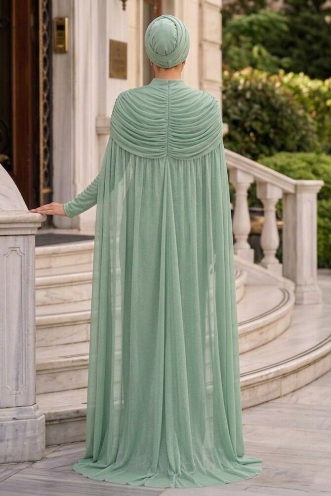 Modest Evening Dress - Pelerinli Mint Modest Evening Dress 56501MINT - 2