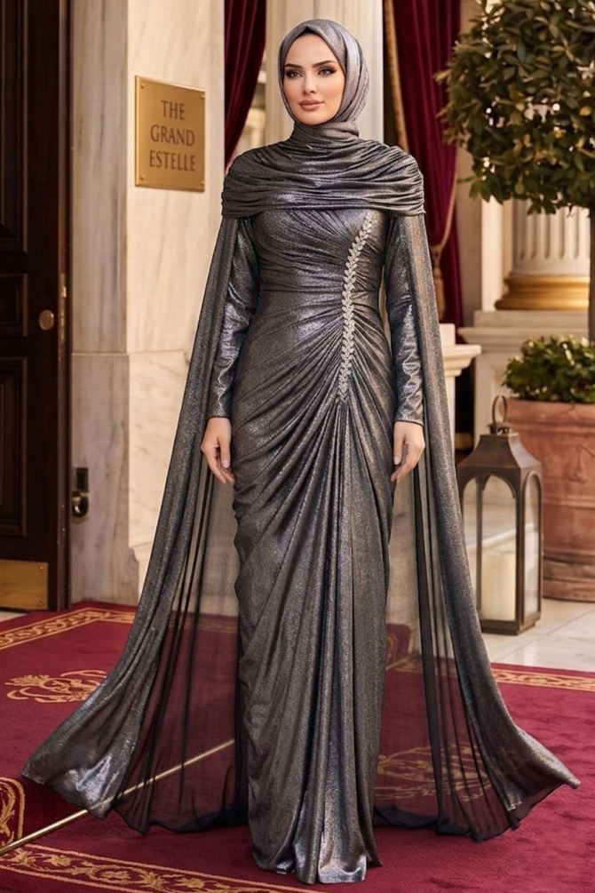 Modest Evening Dress - Pelerinli Silver Modest Evening Dress 56501GMS - 1