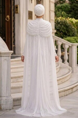 Modest Evening Dress - Pelerinli White Modest Evening Dress 56501B - 3