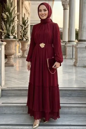 Modest Evening Dress -Pleat Detailed Burgundy Modest Evening Dress 6924BR 