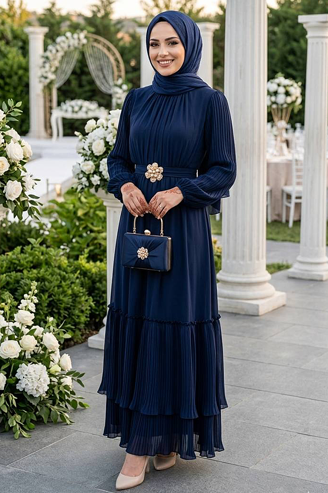 Modest Evening Dress -Pleat Detailed Navy Blue Modest Evening Dress 6924L - 1