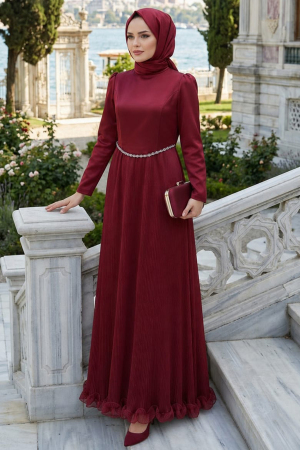 Modest Evening Dress - Pleated Burgundy Modest Evening Dress 6281BR 