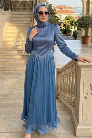 Modest Evening Dress - Pleated Indigo Blue Modest Evening Dress 6281IM 
