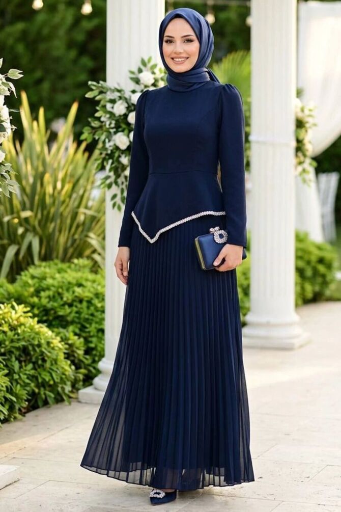 Modest Evening Dress - Pleated Navy Blue Modest Evening Dress 47701L - 1