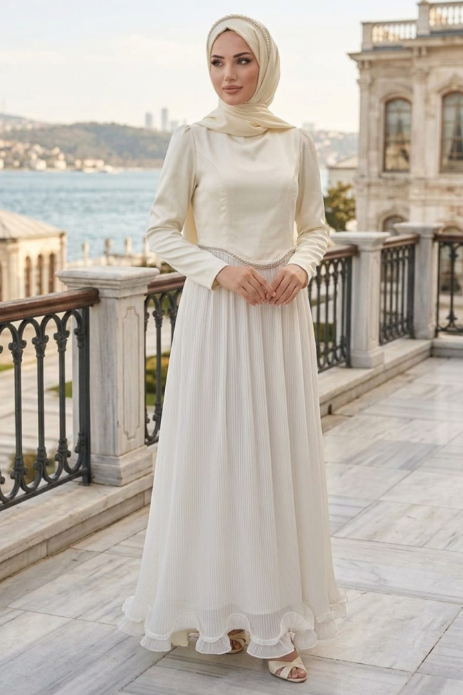 Modest Evening Dress - Pleated White Modest Evening Dress 6281B - 1