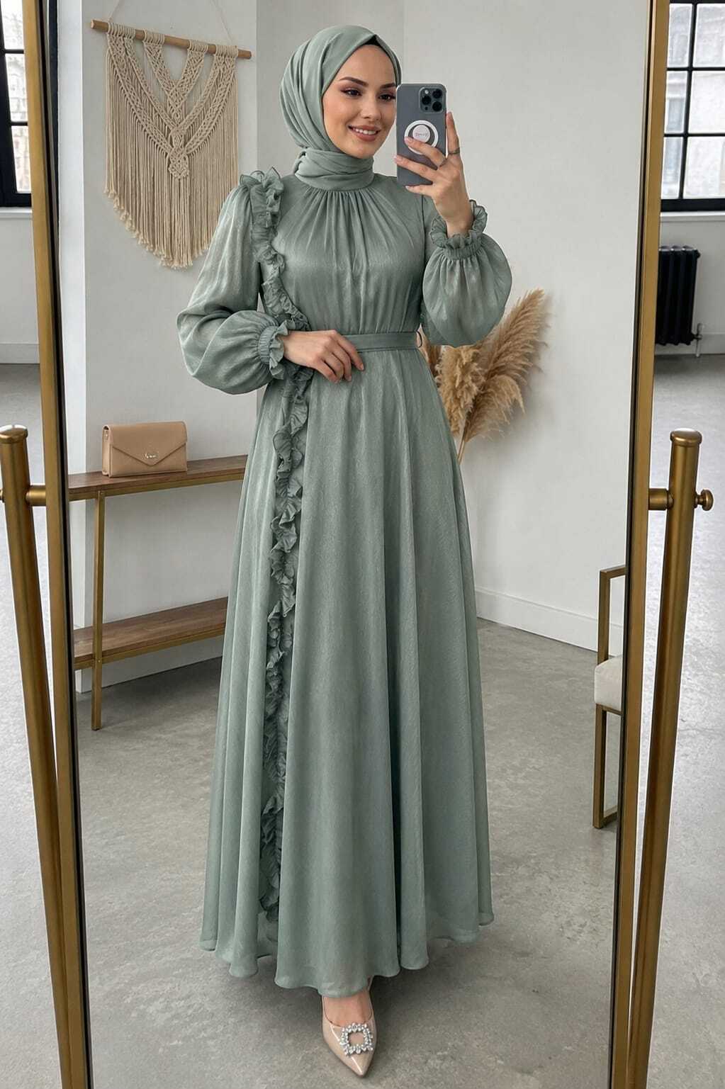 asos green dress long sleeve DESIGN slinky maxi with draped tie-sash detailing and open back in forest KYLIE-JENNER main image 1