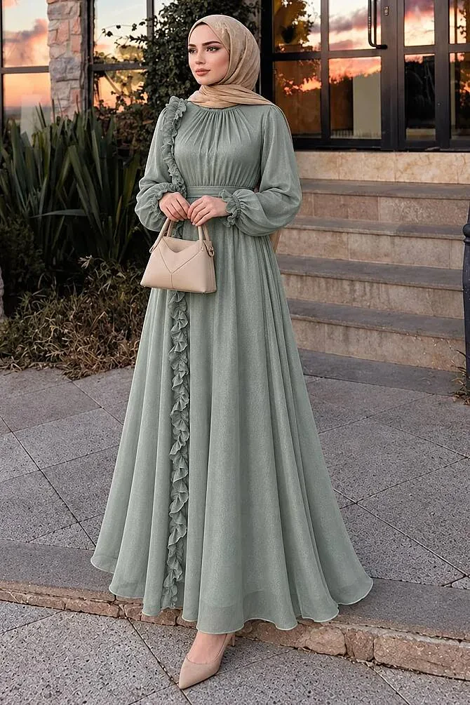 Modest Evening Dress - Ruffle Detailed Almond Green Modest Evening Dress 45881CY - 1