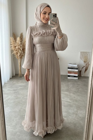 Modest Evening Dress - Ruffle Detailed Beige Modest Evening Dress 48231BEJ 