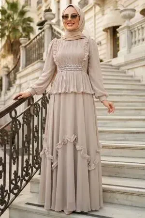 Modest Evening Dress - Ruffle Detailed Beige Modest Evening Dress 4881BEJ 