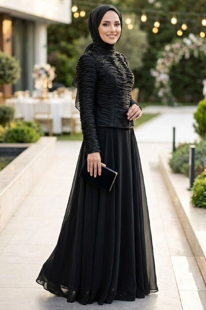 Modest Evening Dress - Ruffle Detailed Black Modest Evening Dress 54912S - 1