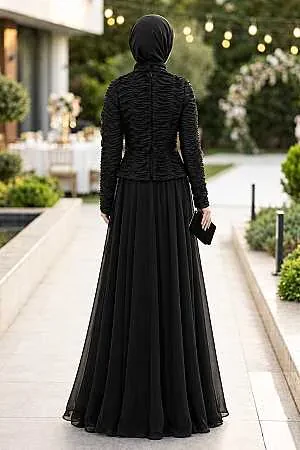 Modest Evening Dress - Ruffle Detailed Black Modest Evening Dress 54912S - 2