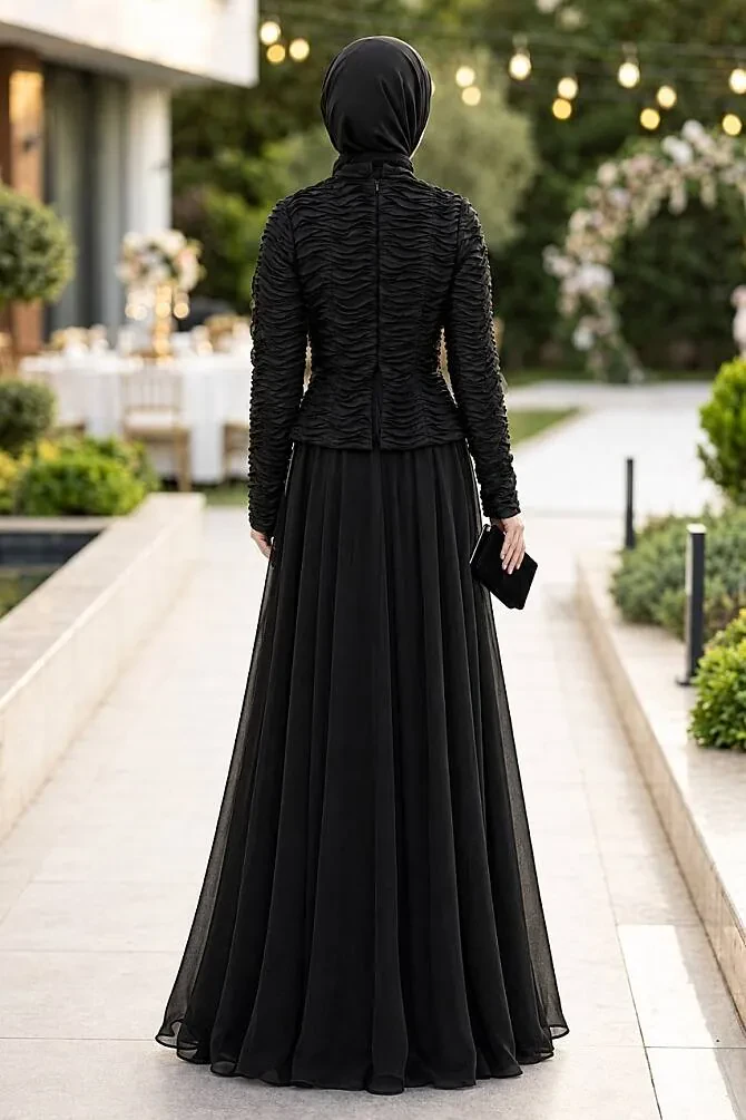 Modest Evening Dress - Ruffle Detailed Black Modest Evening Dress 54912S - 2
