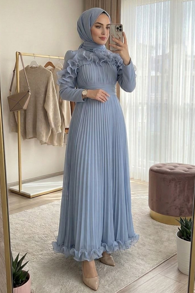 Modest Evening Dress - Ruffle Detailed Blue Modest Evening Dress 55691M - 2