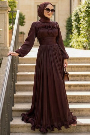 Modest Evening Dress - Ruffle Detailed Brown Modest Evening Dress 48231KH 