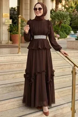 Modest Evening Dress - Ruffle Detailed Brown Modest Evening Dress 4881KH - 1
