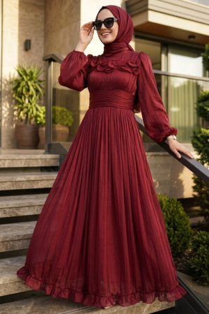 Modest Evening Dress - Ruffle Detailed Burgundy Modest Evening Dress 48231BR 