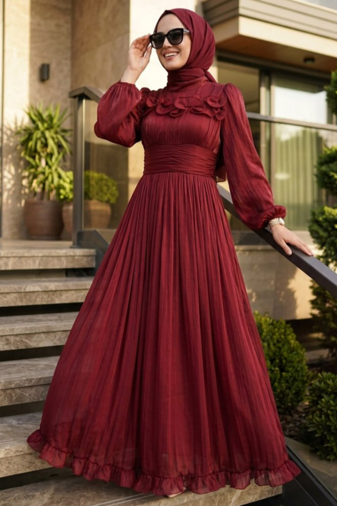 Modest Evening Dress - Ruffle Detailed Burgundy Modest Evening Dress 48231BR - 1